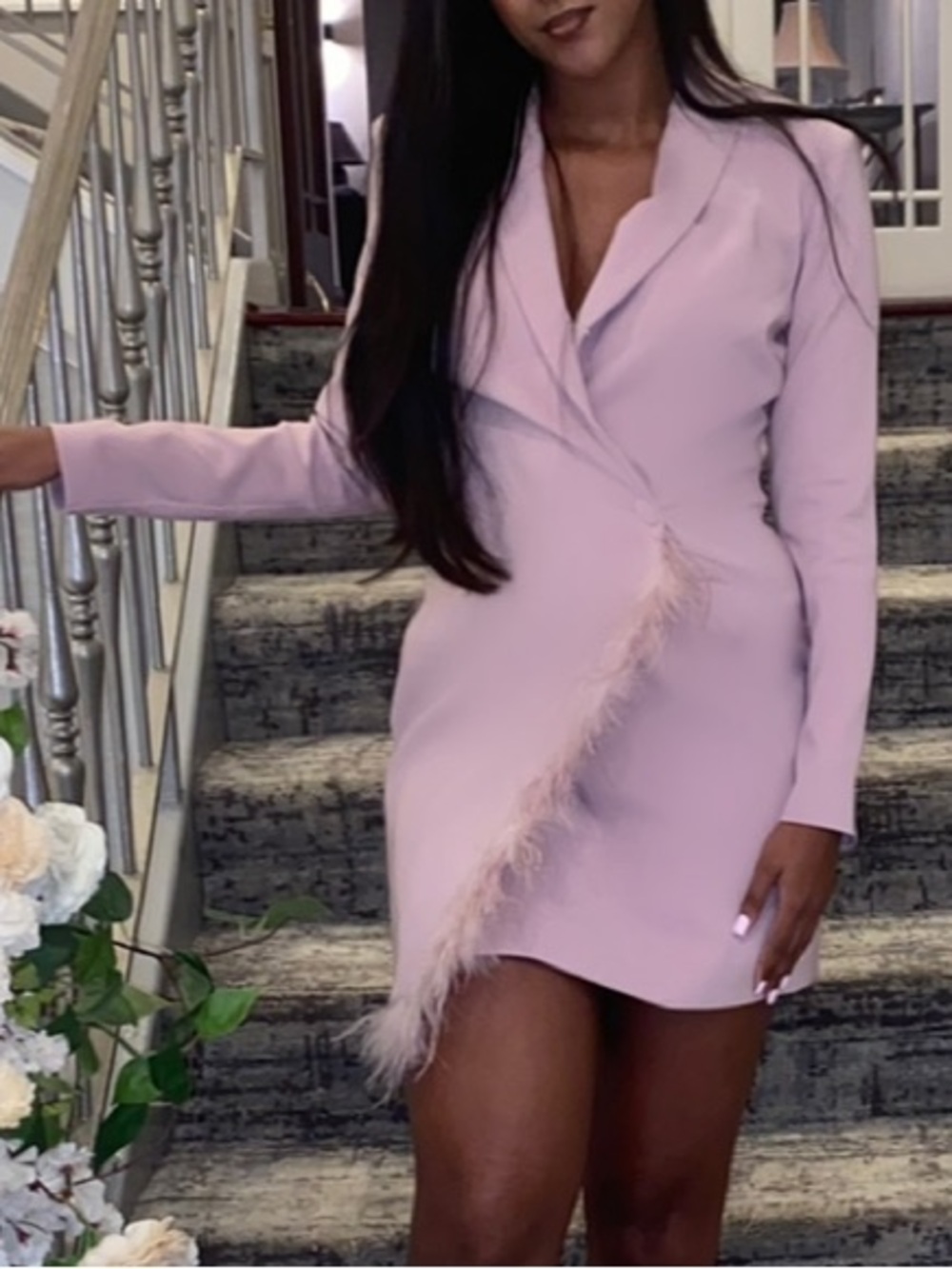 Soft Pink Feather-Trim Blazer Dress